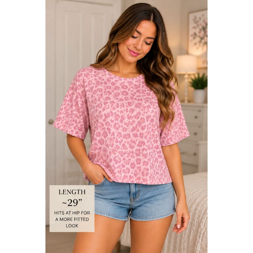 Women's Medium Pink Leopard Print Oversized Short Sleeve T-Shirt NWOT